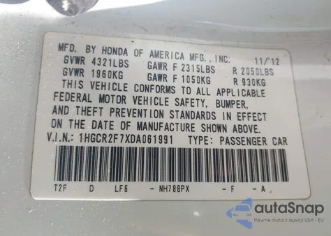 2013 Honda Accord Ex from USA, damaged, VIN 1HGCR2F7XDA061991